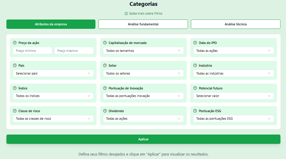 Em quais ações investir: filtros de pesquisa de ações na Belegget.
