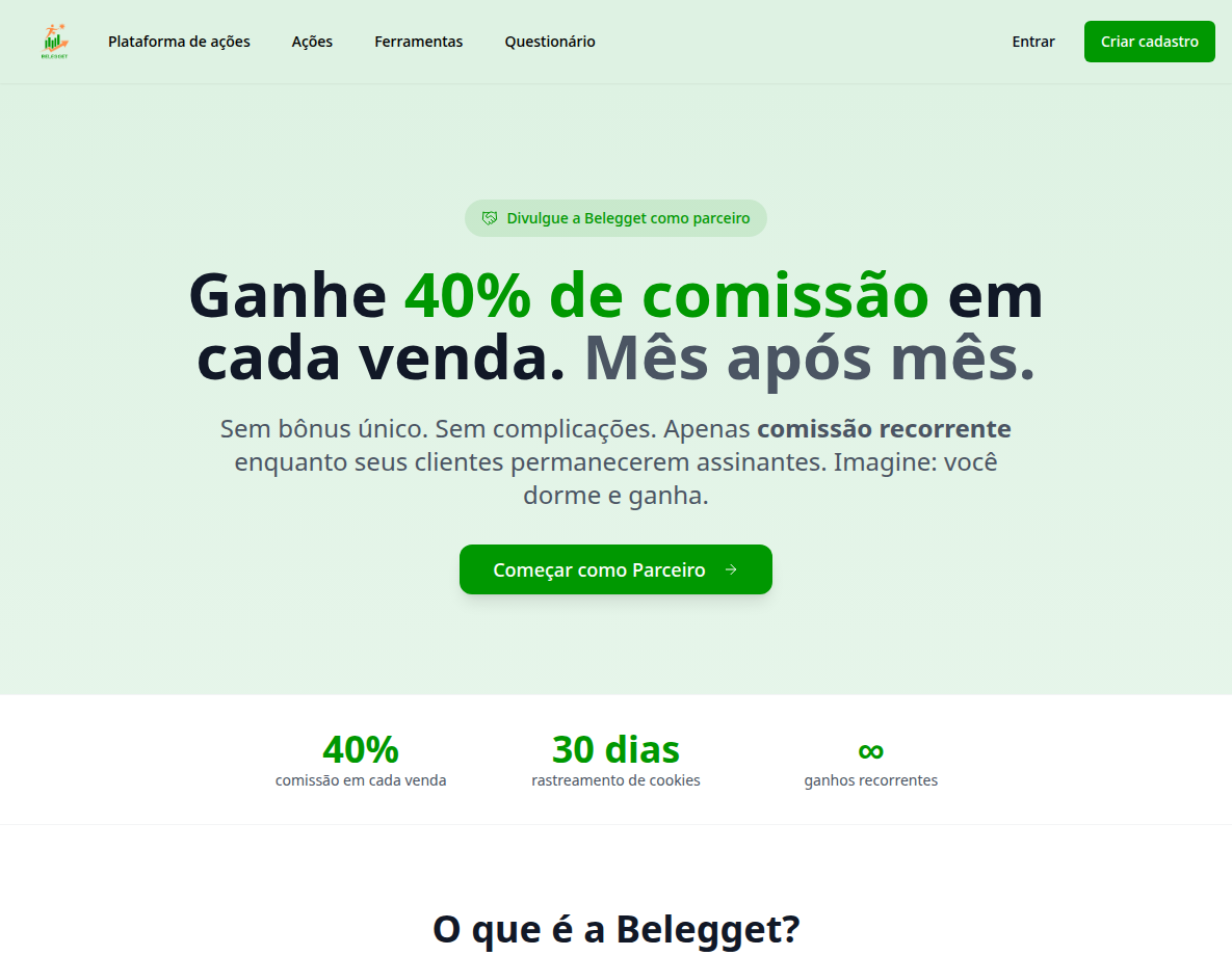 plataforma de análise de ações: página pública que explica o programa de parceiros.