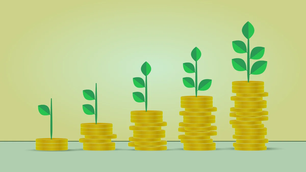 Perfil de investidor: ilustração de pilhas de moedas e plantas em diferentes alturas