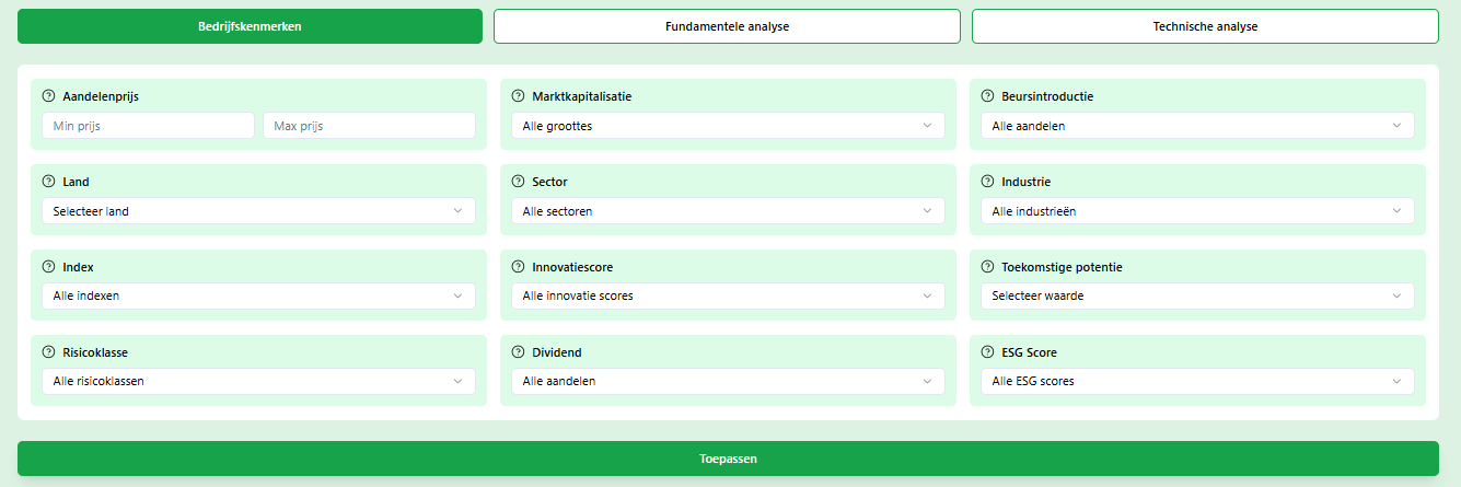 Aandelen selecteren — algemene bedrijfsfilters in Belegget