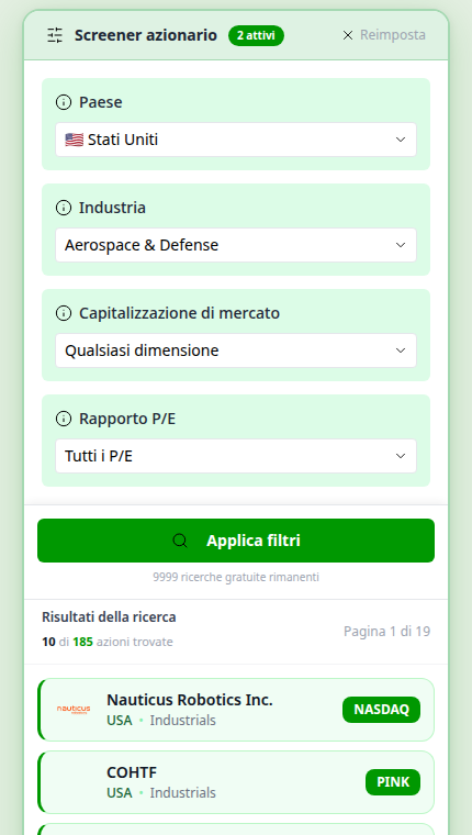 azioni armi usa screener reale su smartphone con filtri per industria e mercati USA