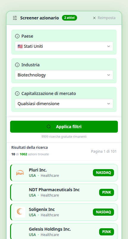 azioni biotech usa screener Belegget su smartphone con filtri e risultati effettivi