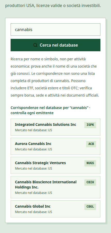 azioni cannabis usa ricerca reale nel database Belegget su smartphone
