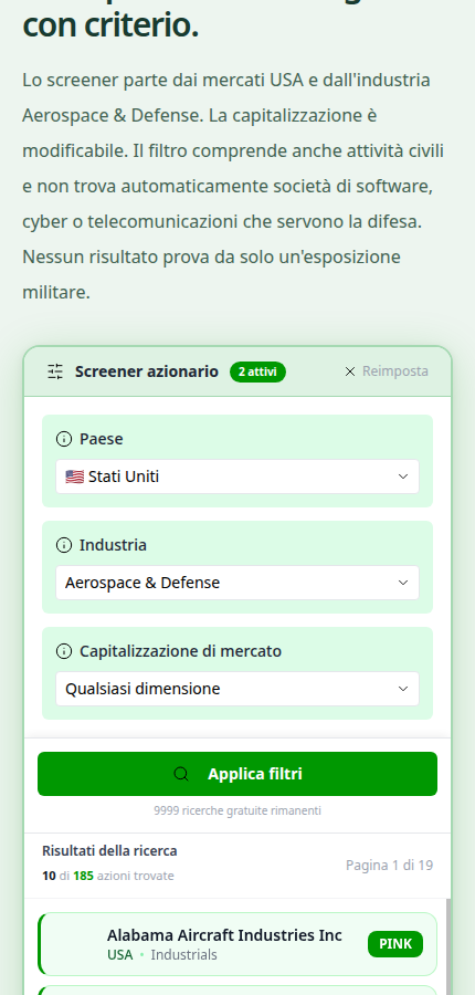 azioni difesa usa screener reale su smartphone con filtri e risultati effettivi