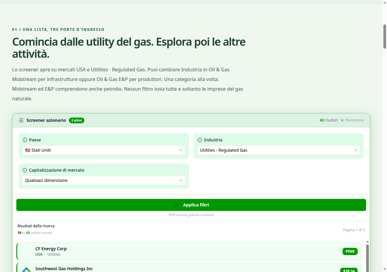 azioni gas usa filtro reale per mercati USA e utility di distribuzione del gas