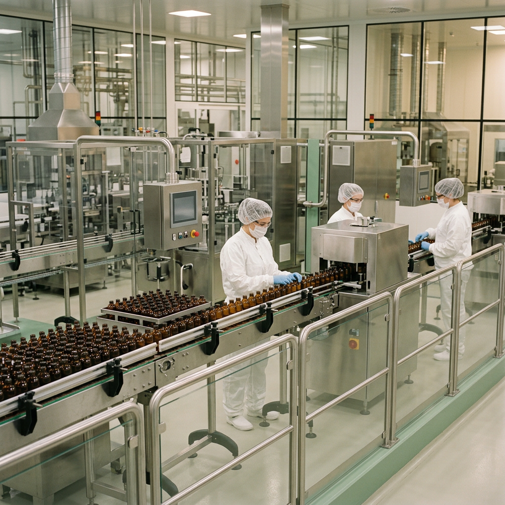 Illustrazione editoriale di produzione di farmaci in ambiente sterile