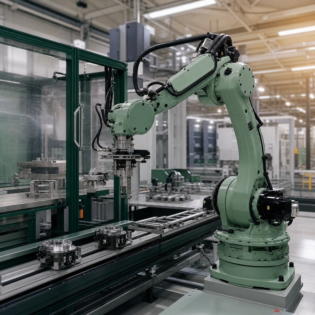 Braccio robotico in una linea di produzione industriale, immagine editoriale