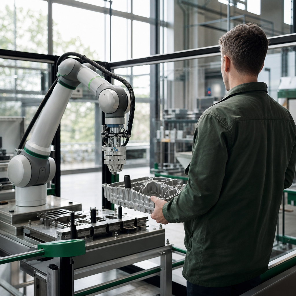 Tecnico e braccio robotico collaborativo in un ambiente industriale, immagine illustrativa